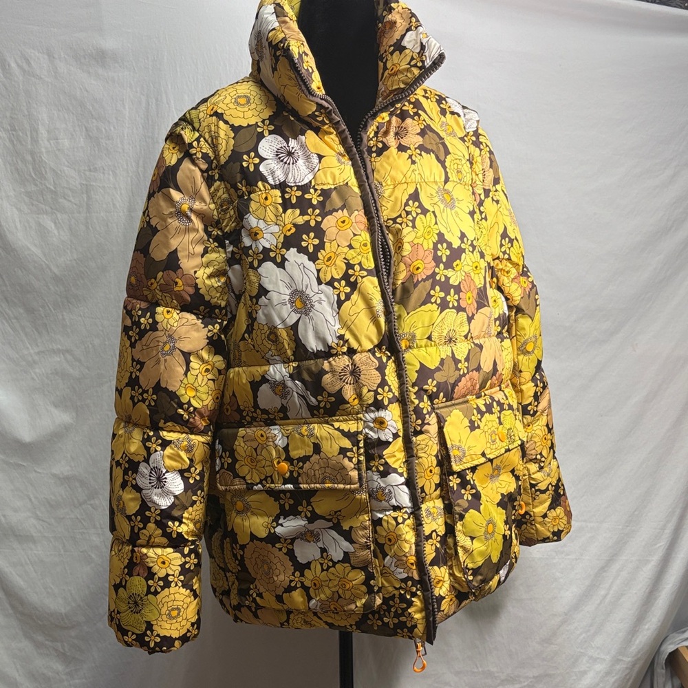 Zara Floral Puffer Jacket in Yellow and‎ Brown